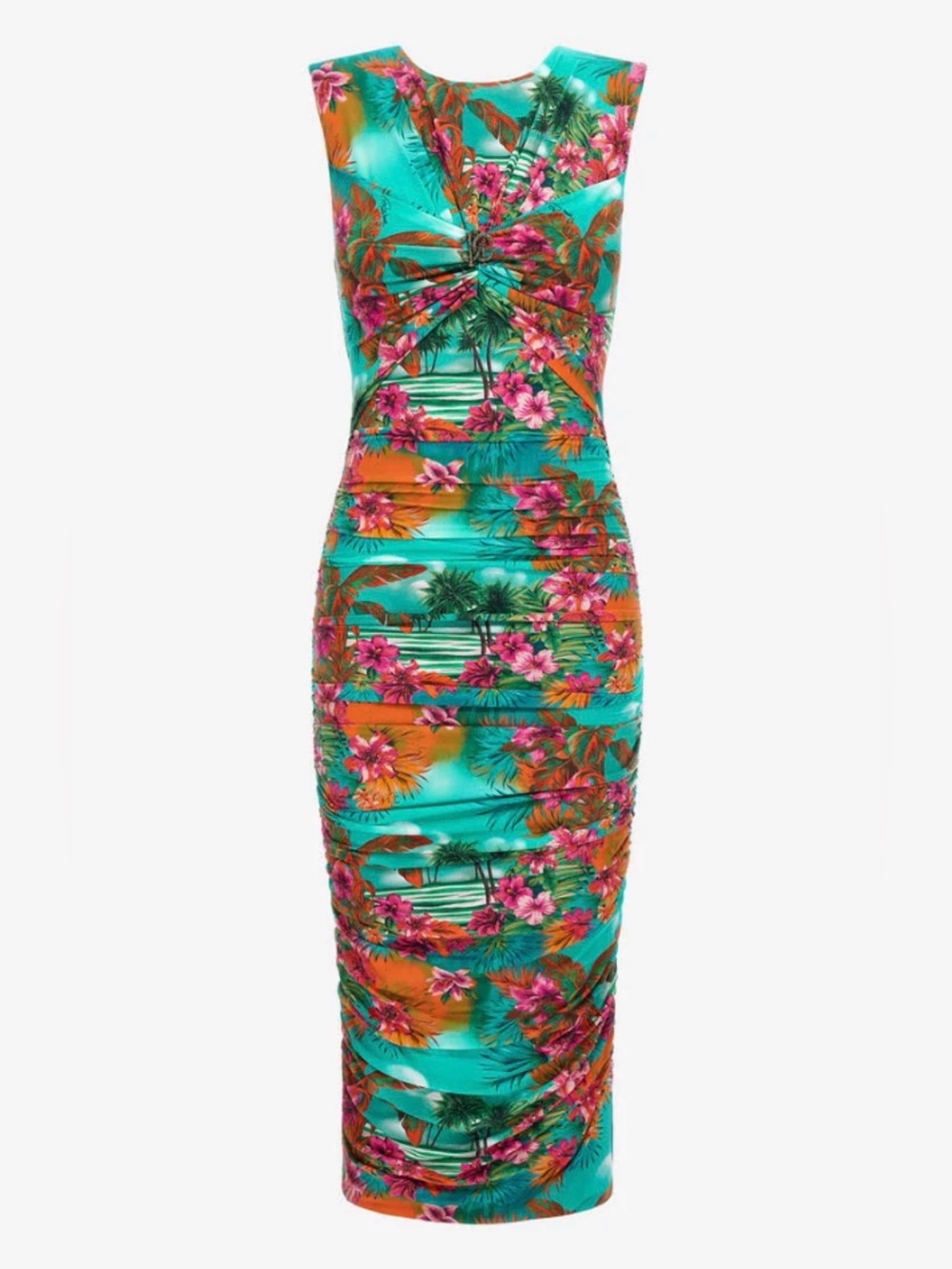 Roberto Cavalli Turquoise Floral Tropical Ruched Maxi Dress